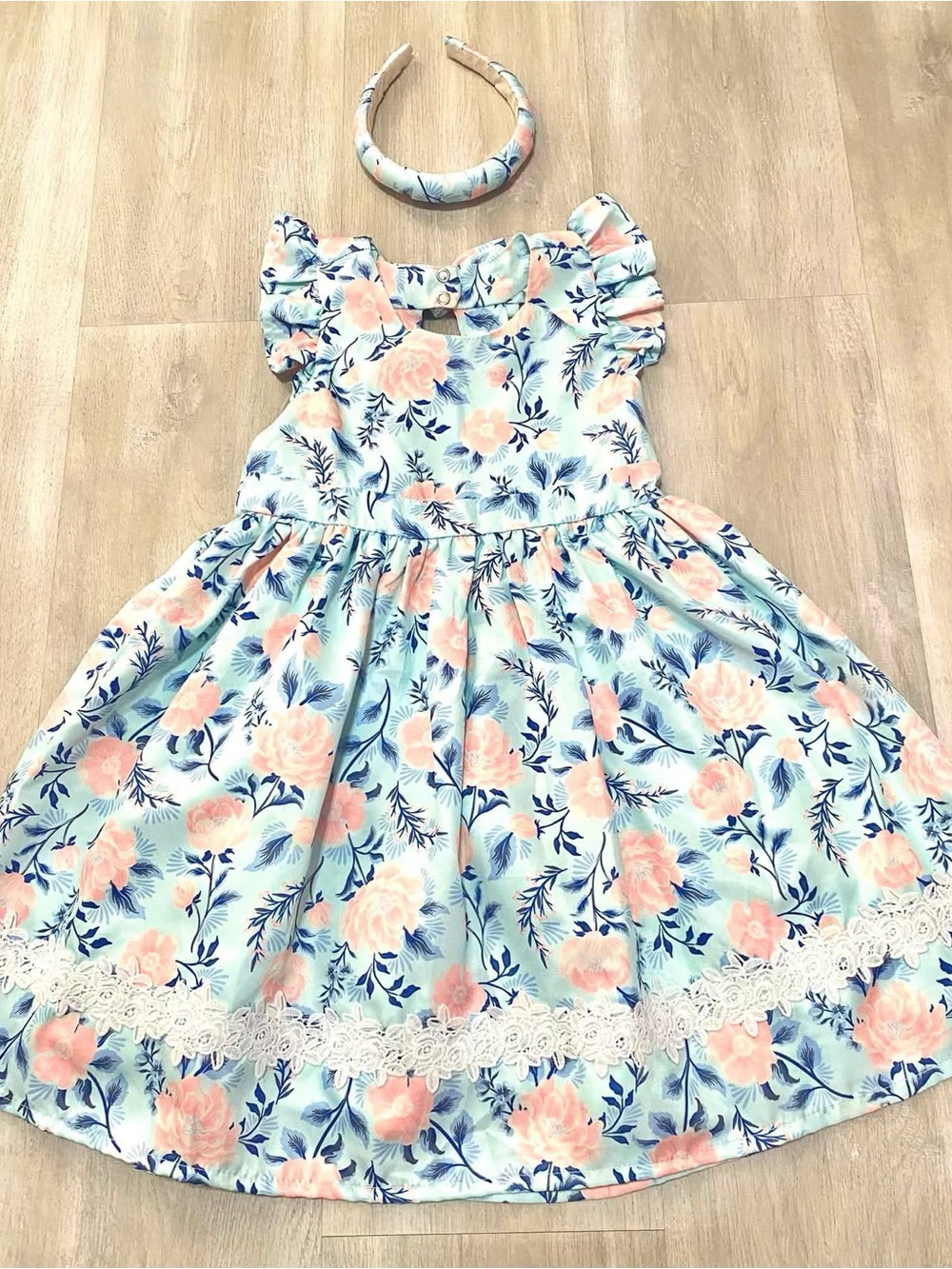 Tahari Light Blue Floral Dress with Pink Roses and Headband